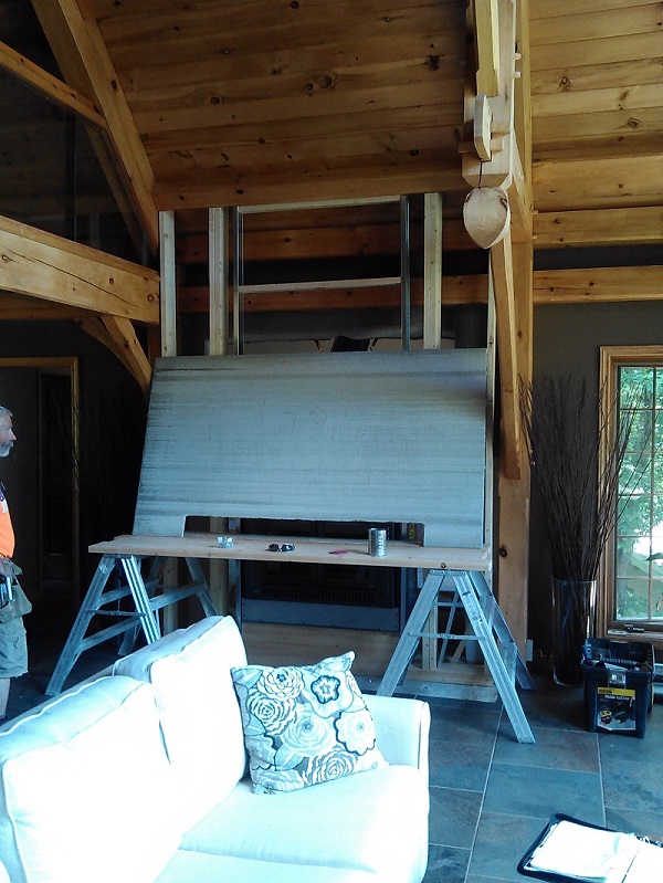 Framing for fireplace prior to addition of stone veneer.