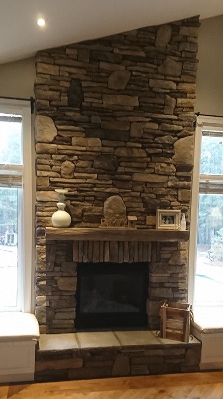 Dry stacked stone blend on fireplace